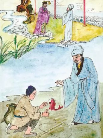 放生鯉魚，夢見龍王邀請他到龍宮中，對他說：因救龍子一命，增延福壽十二年